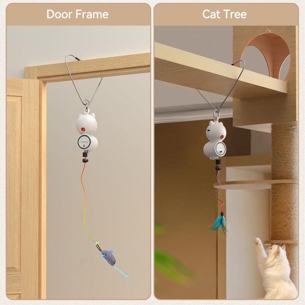 cat interactive toy, door-mounted LED infrared cat teaser, feather + simulated mouse combination, indoor pet