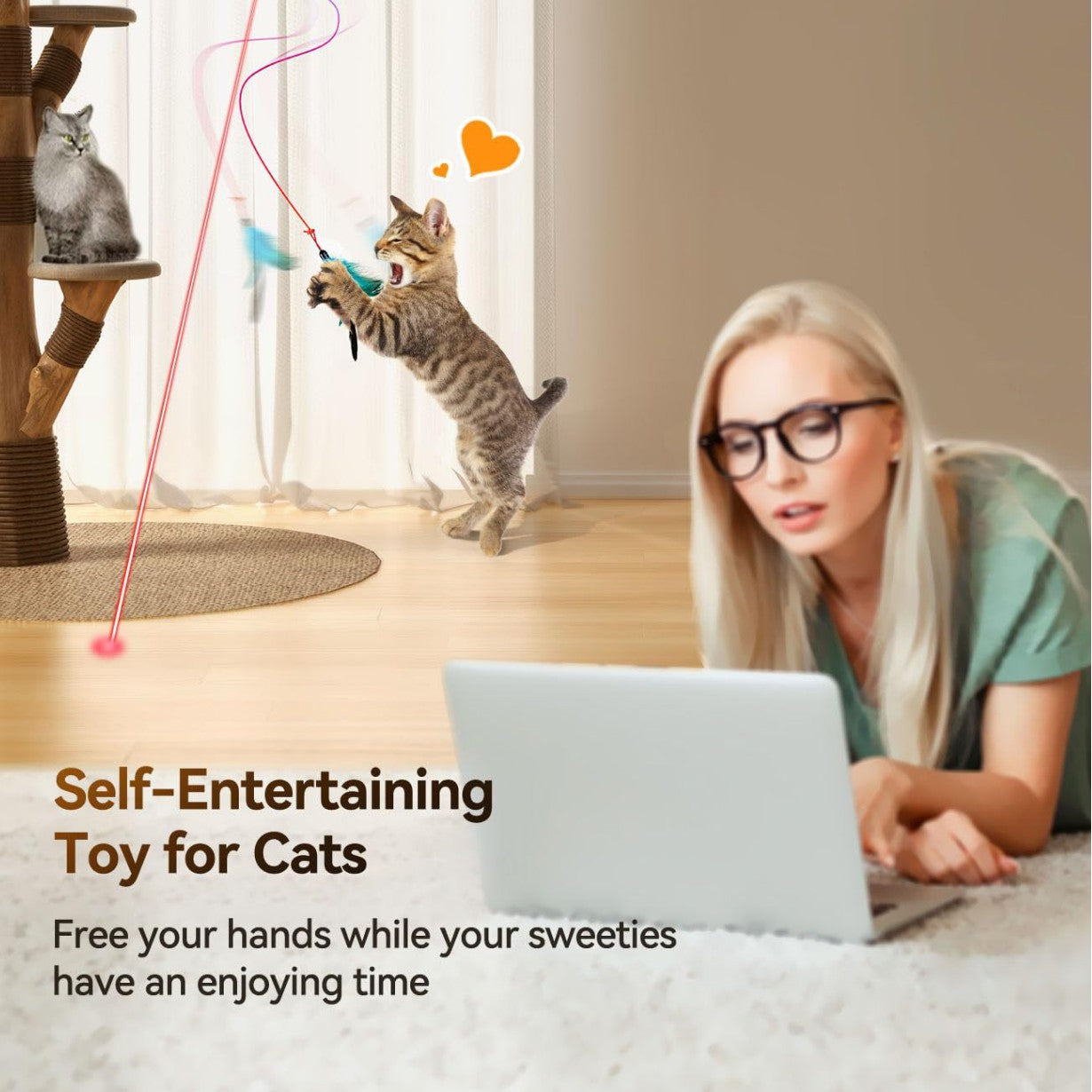 cat interactive toy, door-mounted LED infrared cat teaser, feather + simulated mouse combination, indoor pet