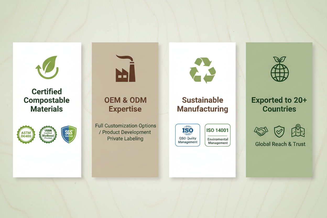 🌱 Certified Compostable Materials
ASTM D6400 • USDA BioBased • SGS Verified

🏭 OEM & ODM Expertise
Full customization: size, color, packaging, materials

♻️ Sustainable Manufacturing
ISO 9001 / ISO 14001 facility

🌍 Exported to 20+ Countries
Trusted by global pet brands
